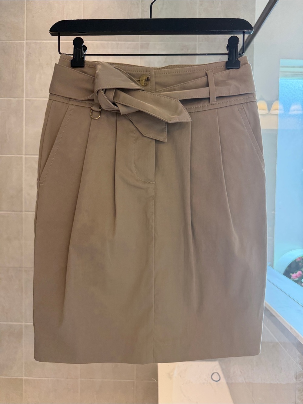 Burberry Beige High-Waist Paperbag Pencil Skirt with Tie Belt